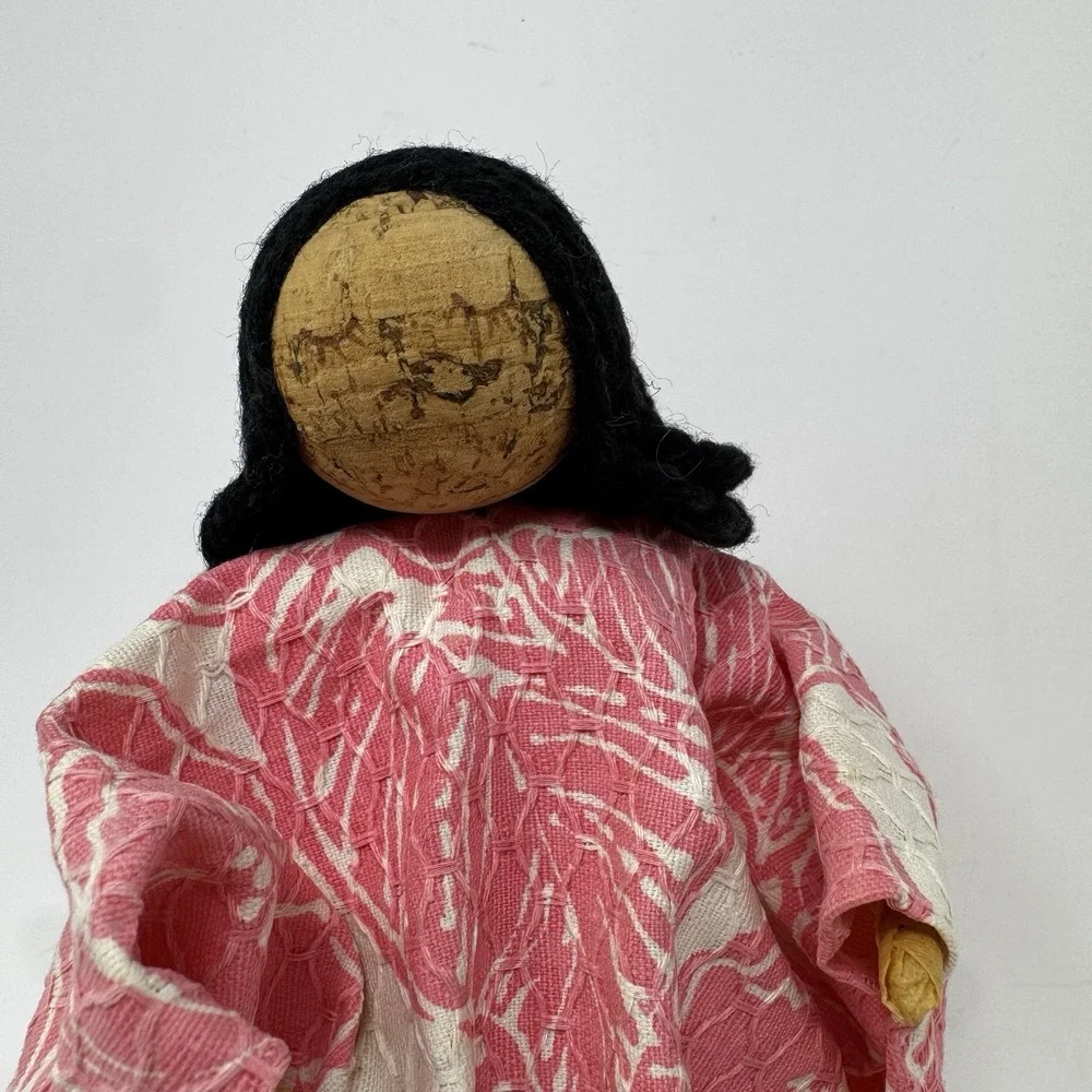 Vintage FOLK ART 7.5 DOLL CORK HEAD Japanese Yarn Hair Collector Pink Dress Girl